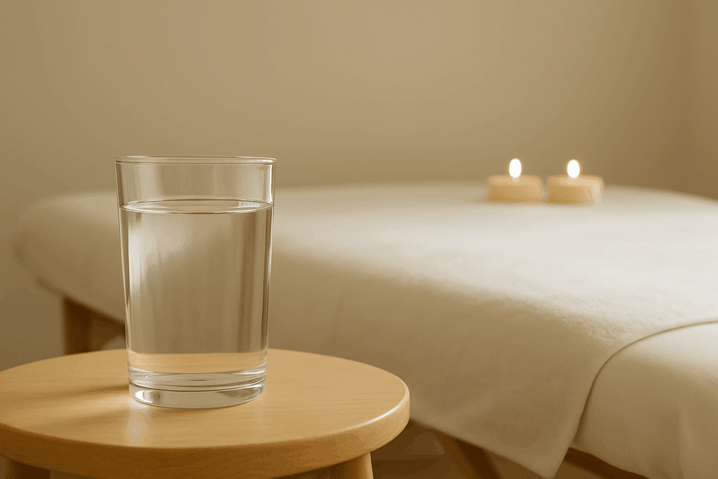 Glass of water beside massage table to highlight importance of hydration after a massage.