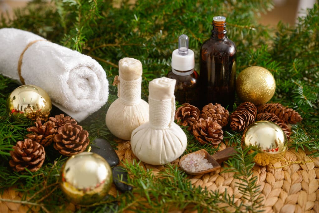 Cozy winter wellness space at Be Balanced GR with soft lighting and a calming, holiday atmosphere.
