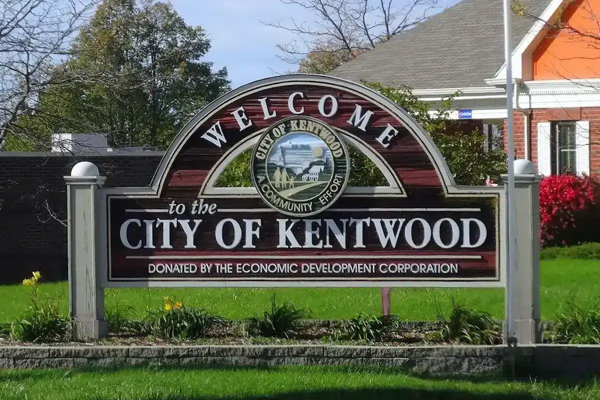 Welcome sign for the City of Kentwood near Grand Rapids, Michigan.
