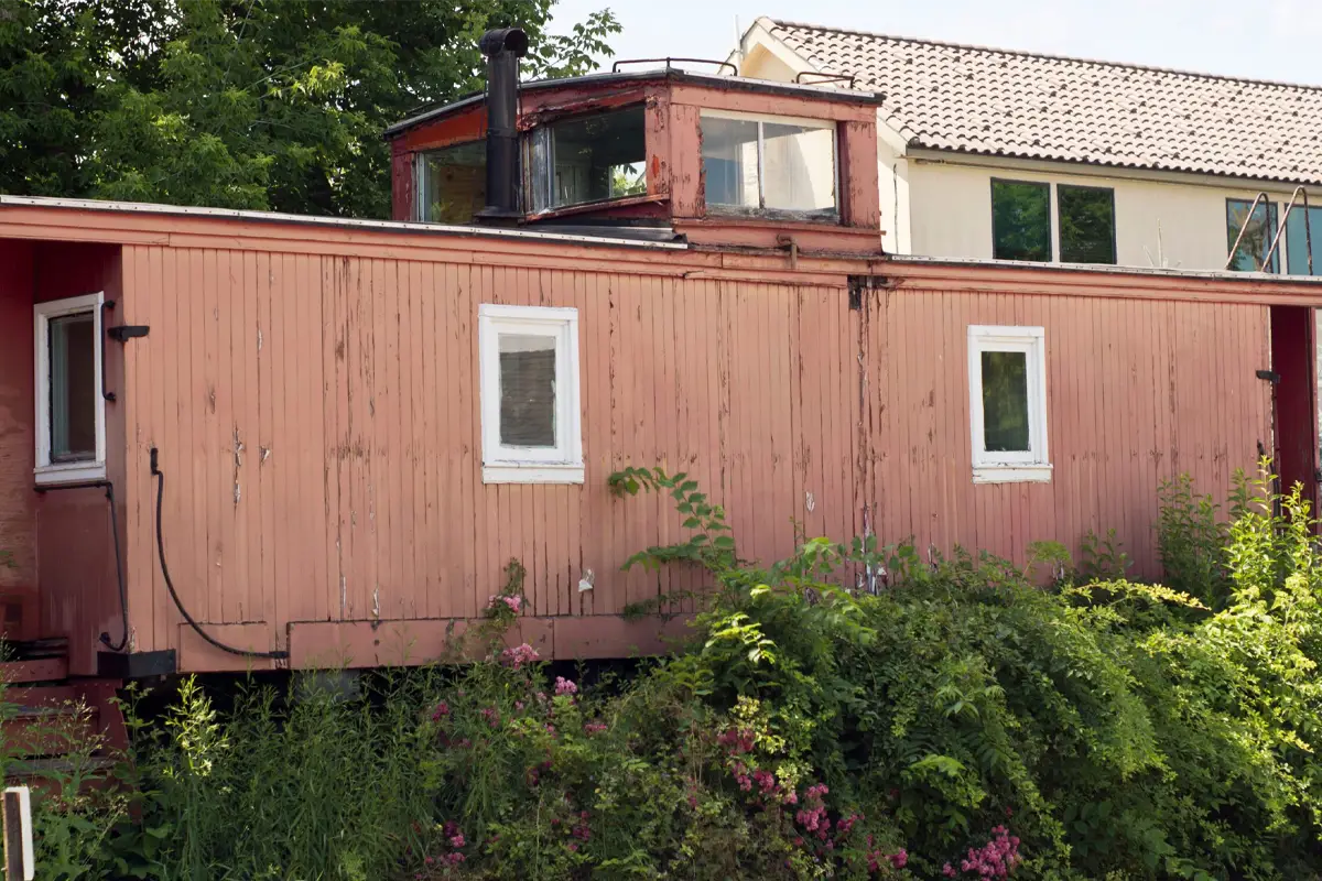 Old caboose surrounded by overgrowth in tourist town Rockford, Michigan.