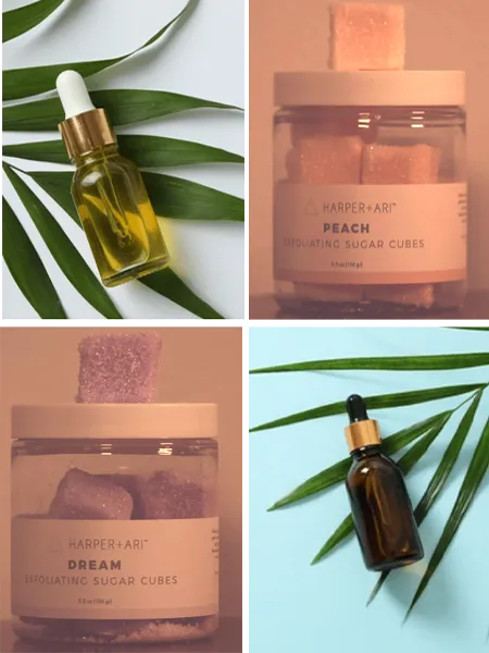 A collage of CBD oil and two flavors of sugar scrubs.