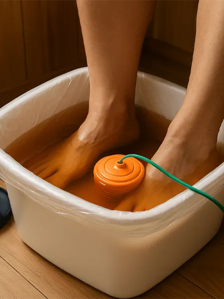 A pair of feet in an ionic detox foot bath machine in spa beauty center isolated.