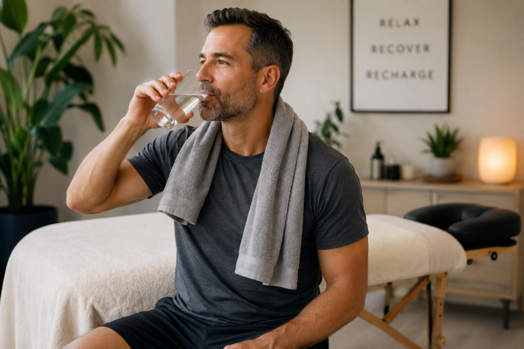 Active adult drinking water after a professional massage to support muscle hydration and recovery.